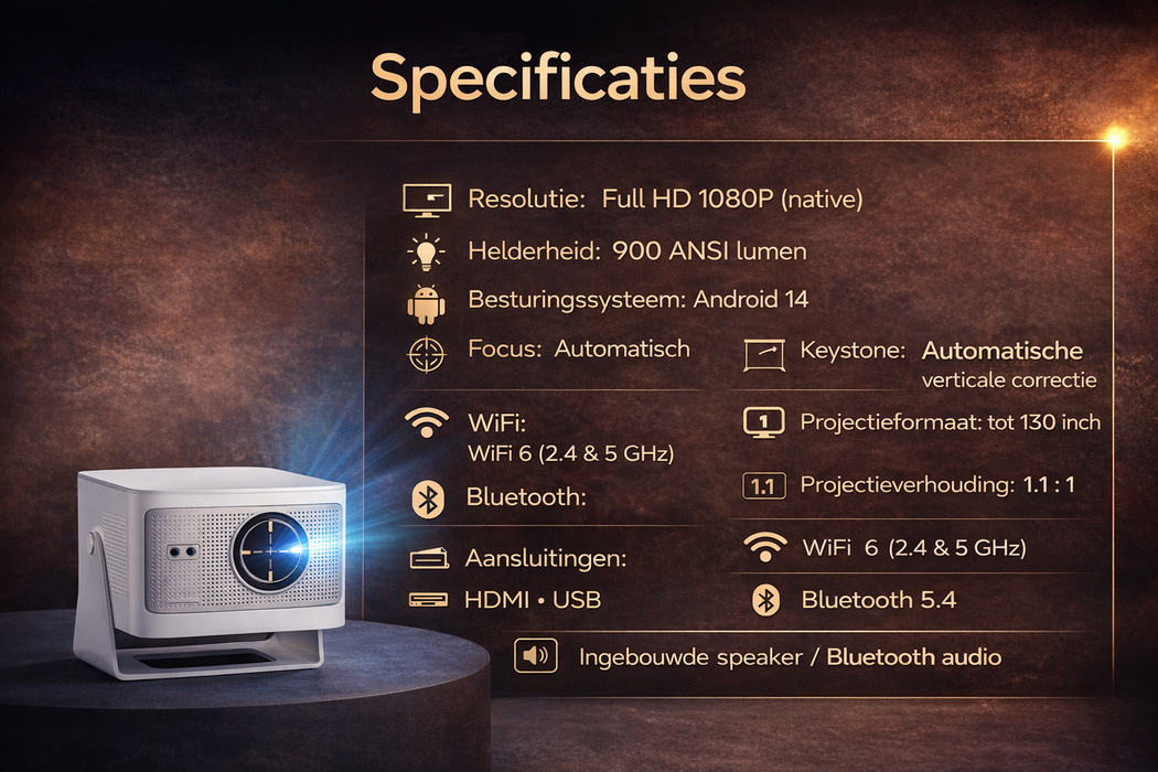 Yemtech Draagbare Android Beamer – 900 ANSI – Full HD – Ultra Korte Lens