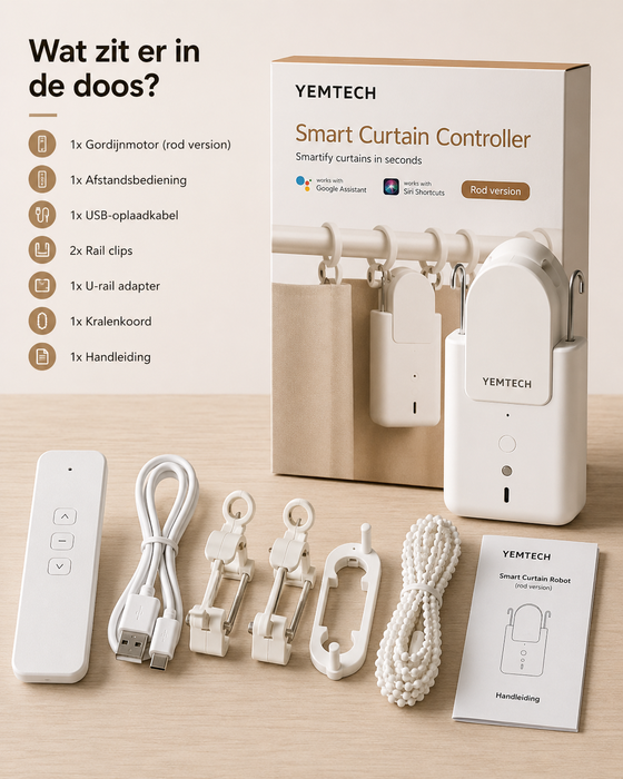 Yemtech® Slimme Gordijnmotor 3-in-1 Bluetooth - Gordijnrobot met Afstandsbediening - Voor U-rail, I-rail en Roede - Wit