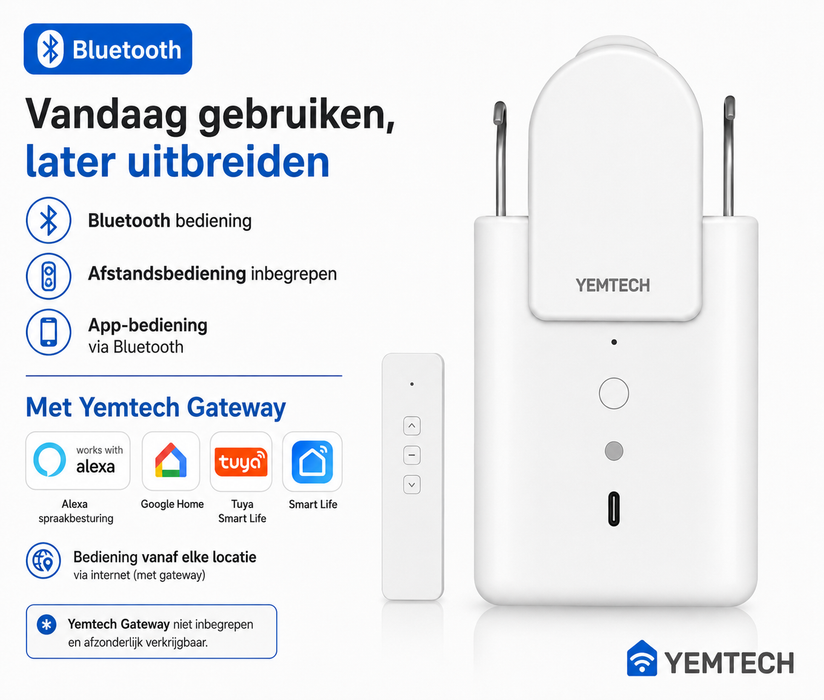 Yemtech® Slimme Gordijnmotor 3-in-1 Bluetooth - Gordijnrobot met Afstandsbediening - Voor U-rail, I-rail en Roede - Wit