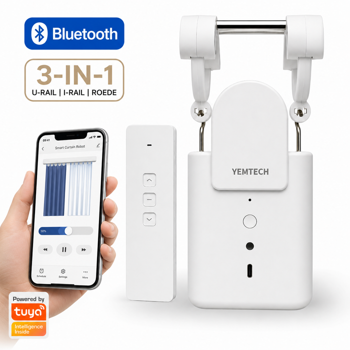 Yemtech® Slimme Gordijnmotor 3-in-1 Bluetooth - Gordijnrobot met Afstandsbediening - Voor U-rail, I-rail en Roede - Wit