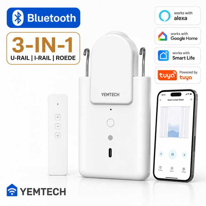 Yemtech® Slimme Gordijnmotor 3-in-1 Bluetooth - Gordijnrobot met Afstandsbediening - Voor U-rail, I-rail en Roede - Wit