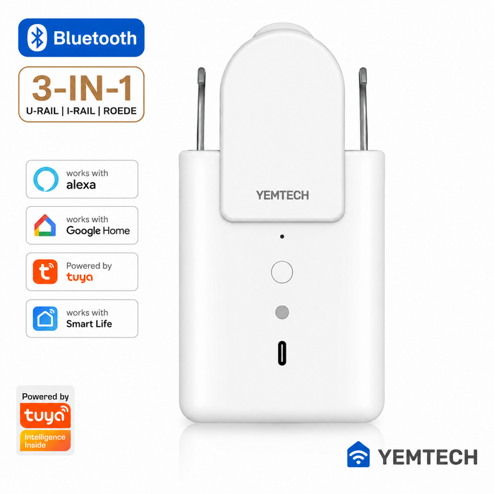 Yemtech® Slimme Gordijnmotor 3-in-1 Bluetooth - Gordijnrobot met Afstandsbediening - Voor U-rail, I-rail en Roede - Wit