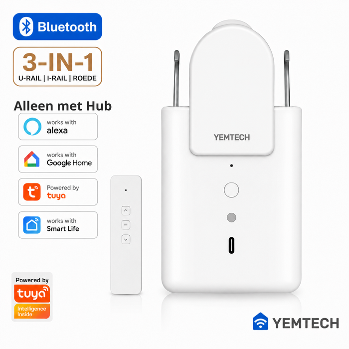 Yemtech® Slimme Gordijnmotor 3-in-1 Bluetooth - Gordijnrobot met Afstandsbediening - Voor U-rail, I-rail en Roede - Wit
