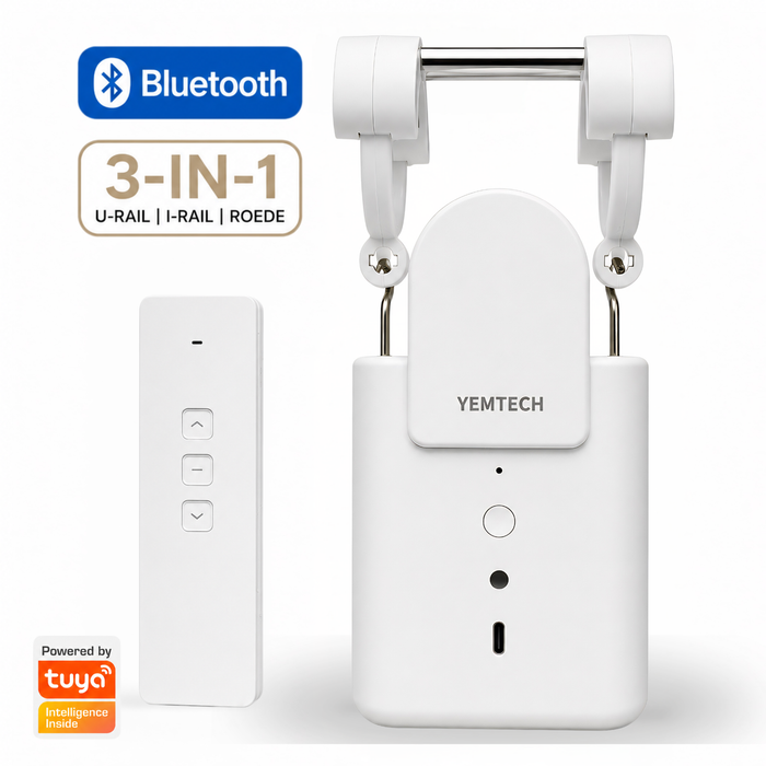 Yemtech® Slimme Gordijnmotor 3-in-1 Bluetooth - Gordijnrobot met Afstandsbediening - Voor U-rail, I-rail en Roede - Wit