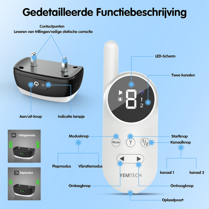 Yemtech® 3-in-1 Trainingshalsband - Opvoedingshalsband voor Honden - Zonder Shock - Waterdicht - Anti Blafband