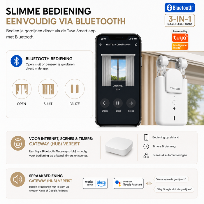 Yemtech® Slimme Gordijnmotor 3-in-1 Bluetooth - Gordijnrobot met Afstandsbediening - Voor U-rail, I-rail en Roede - Wit