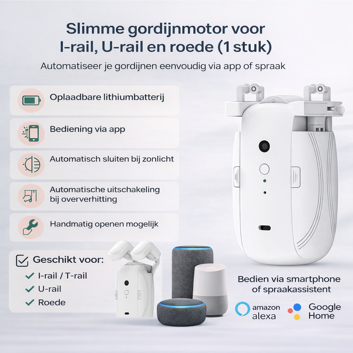 Yemtech® 3 in 1 - Gordijnmotor – Geschikt voor Rod / Roede, U-rail & I-rail – Wifi – App-bediening – Alexa & Google