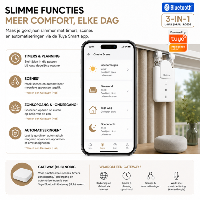 Yemtech® Slimme Gordijnmotor 3-in-1 Bluetooth - Gordijnrobot met Afstandsbediening - Voor U-rail, I-rail en Roede - Wit