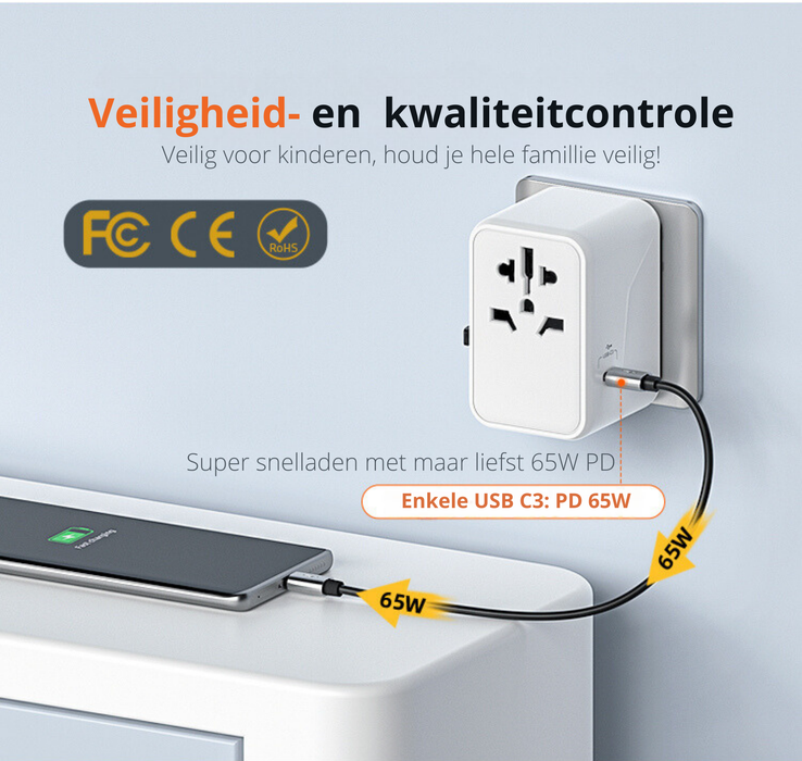 Yemtech® - Laptop lader & Wereldstekker 65W GaN3