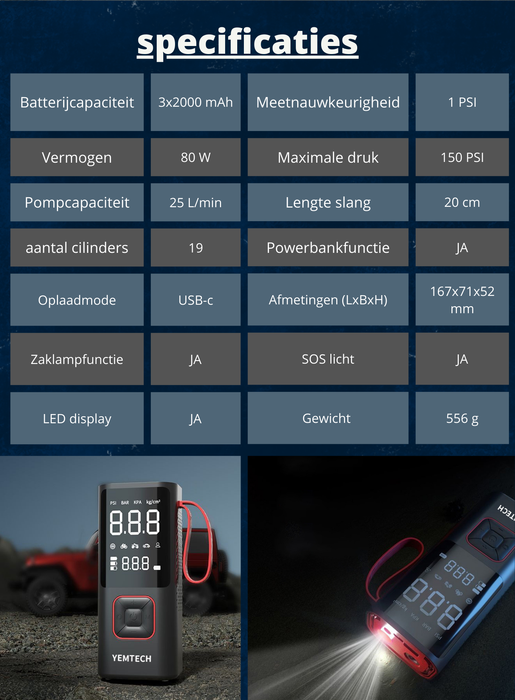 Yemtech® Elektrische fietspomp 6000 mAh