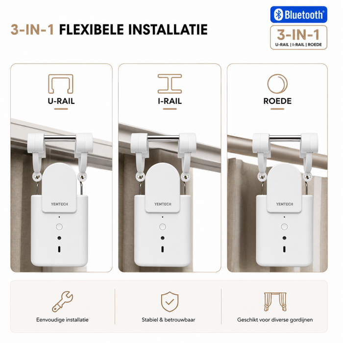 Yemtech® Slimme Gordijnmotor 3-in-1 Bluetooth - Gordijnrobot met Afstandsbediening - Voor U-rail, I-rail en Roede - Wit