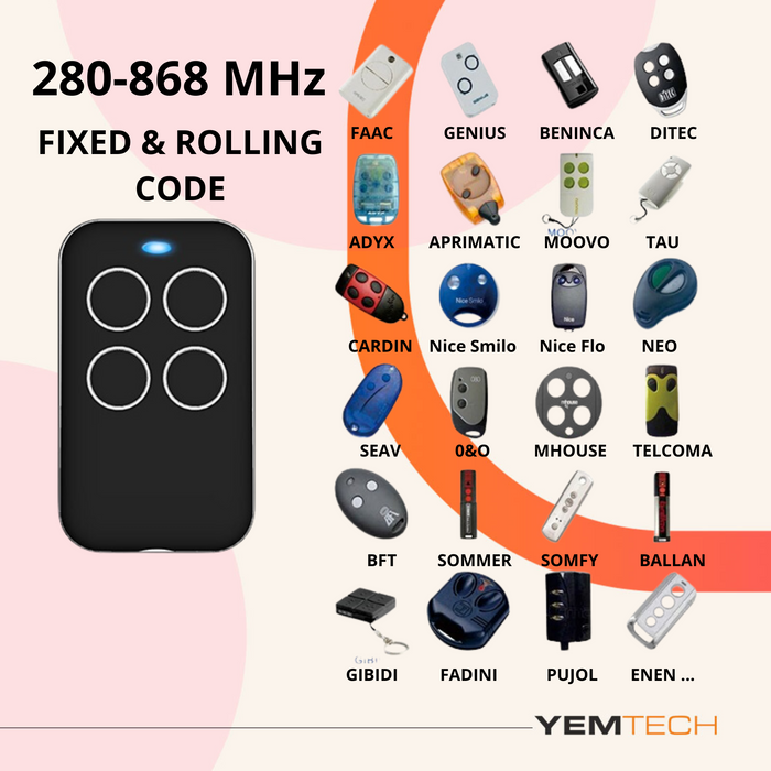 Yemtech Universele Handzender 280–868 MHz – Zelflerende Garagedeur Opener – 4 Apparaten – 100m Bereik