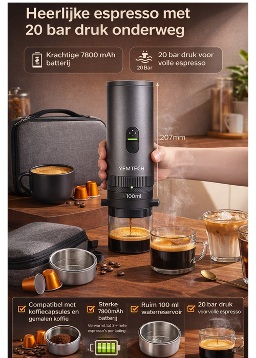 Yemtech Draagbare Espressomachine – Elektrische Draagbare Koffiemachine – Inclusief Draagkoffer