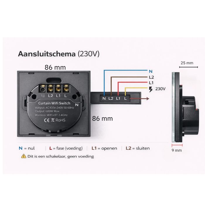 Yemtech Slimme Gordijnschakelaar WiFi – Rolluikschakelaar – İnbouw - 600W – Touch – Tuya Smart Life – Alexa & Google – Zwart Glas (kopie)
