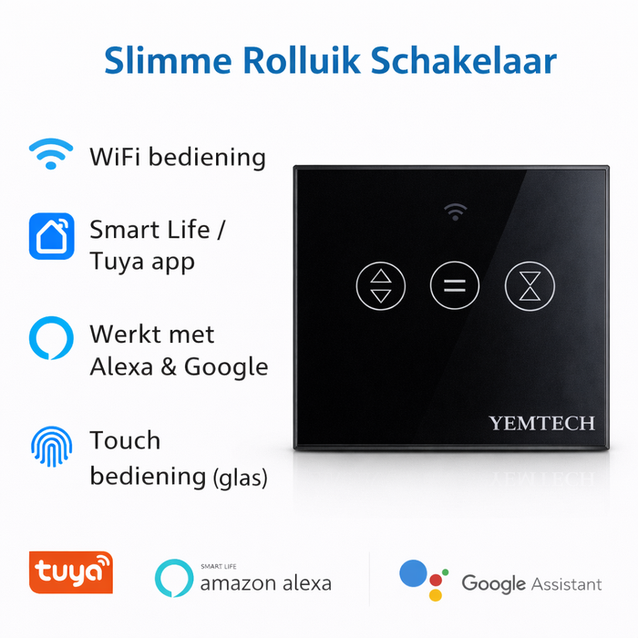 Yemtech Slimme Gordijnschakelaar WiFi – Rolluikschakelaar – İnbouw - 600W – Touch – Tuya Smart Life – Alexa & Google – Zwart Glas (kopie)