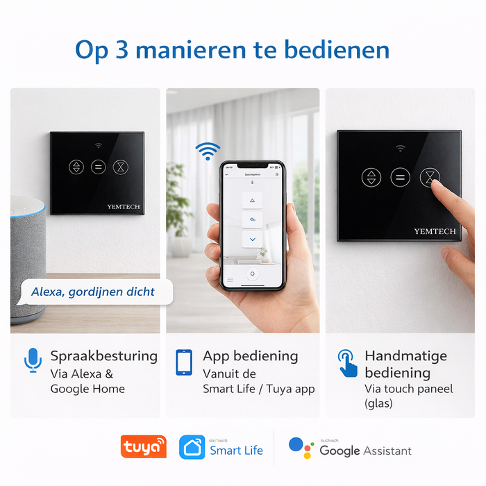 Yemtech Slimme Gordijnschakelaar WiFi – Rolluikschakelaar – İnbouw - 600W – Touch – Tuya Smart Life – Alexa & Google – Zwart Glas (kopie)