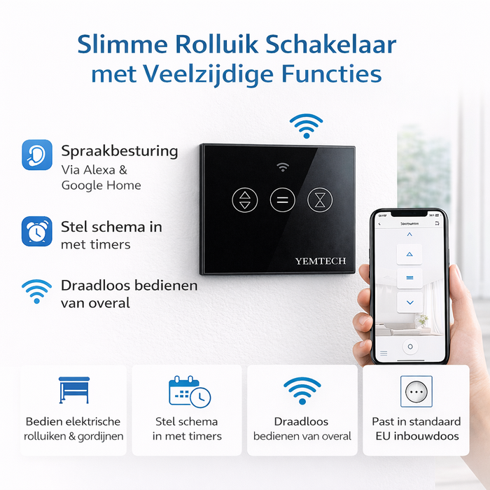 Yemtech Slimme Gordijnschakelaar WiFi – Rolluikschakelaar – İnbouw - 600W – Touch – Tuya Smart Life – Alexa & Google – Zwart Glas (kopie)