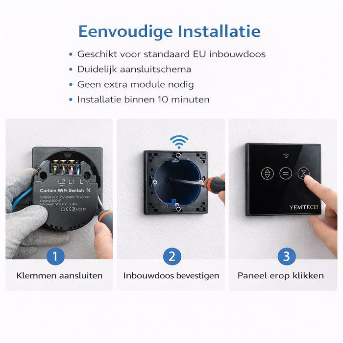Yemtech Slimme Gordijnschakelaar WiFi – Rolluikschakelaar – İnbouw - 600W – Touch – Tuya Smart Life – Alexa & Google – Zwart Glas (kopie)
