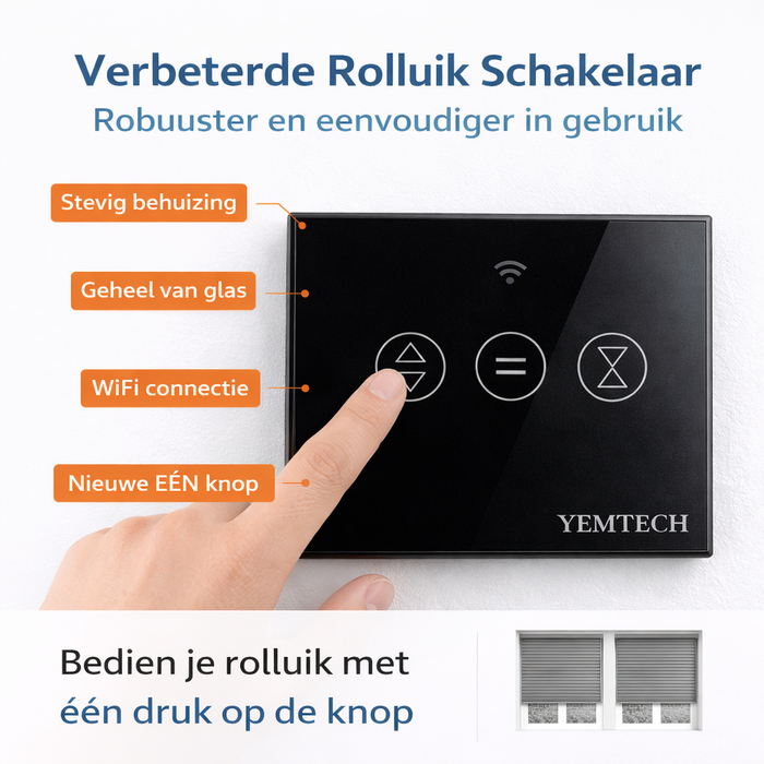 Yemtech Slimme Gordijnschakelaar WiFi – Rolluikschakelaar – İnbouw - 600W – Touch – Tuya Smart Life – Alexa & Google – Zwart Glas (kopie)