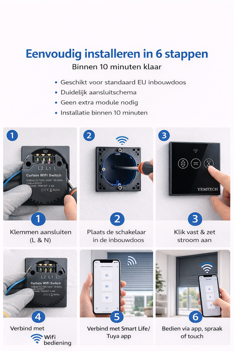 Yemtech Slimme Gordijnschakelaar WiFi – Rolluikschakelaar – İnbouw - 600W – Touch – Tuya Smart Life – Alexa & Google – Zwart Glas (kopie)