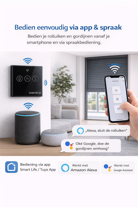 Yemtech Slimme Gordijnschakelaar WiFi – Rolluikschakelaar – İnbouw - 600W – Touch – Tuya Smart Life – Alexa & Google – Zwart Glas (kopie)