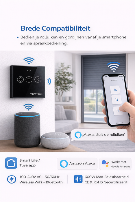 Yemtech Slimme Gordijnschakelaar WiFi – Rolluikschakelaar – İnbouw - 600W – Touch – Tuya Smart Life – Alexa & Google – Zwart Glas (kopie)