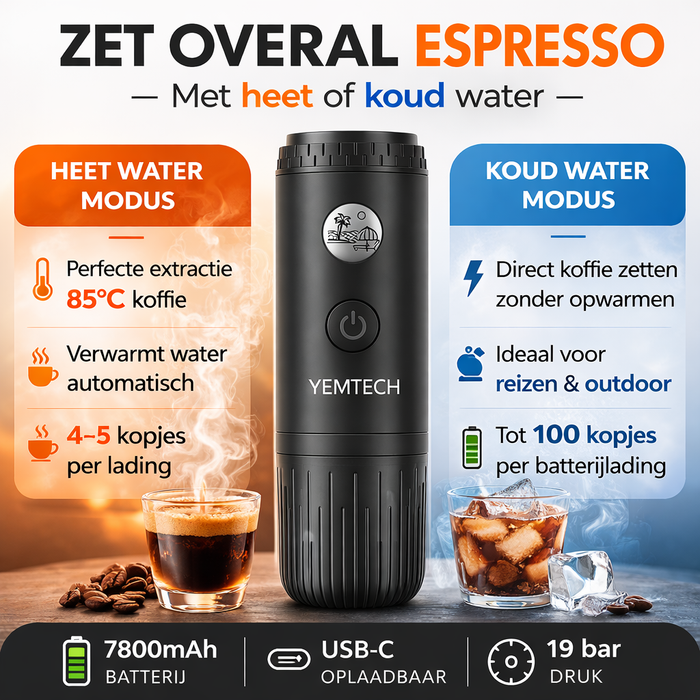 Yemtech Draagbare Espressomachine 7800mAh – Oplaadbare Mini Koffiemachine – 100ml – Voor Auto, Camping & Reizen