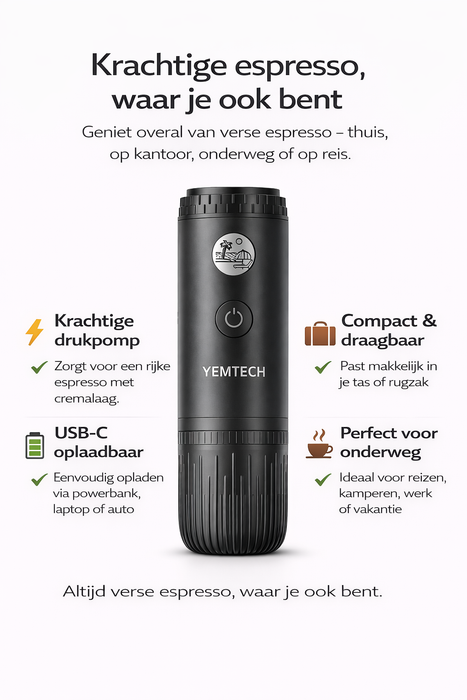 Yemtech Draagbare Espressomachine 7800mAh – Oplaadbare Mini Koffiemachine – 100ml – Voor Auto, Camping & Reizen