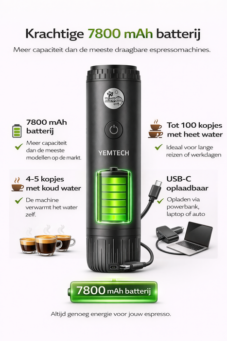 Yemtech Draagbare Espressomachine 7800mAh – Oplaadbare Mini Koffiemachine – 100ml – Voor Auto, Camping & Reizen