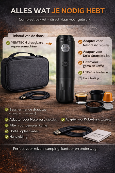 Yemtech Draagbare Espressomachine 7800mAh – Oplaadbare Mini Koffiemachine – 100ml – Voor Auto, Camping & Reizen
